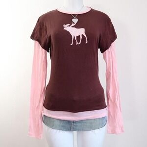 y2k brown pink layered moose graphic long sleeve indie sleaze tumblr size M L